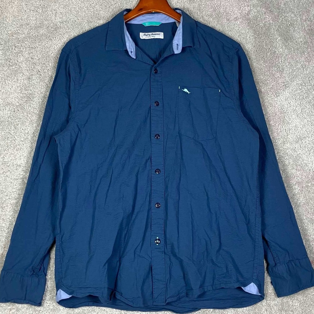 Tommy Bahama Nova Wave Mens M Button Down Shirt Blue Long Sleeve Seersucker